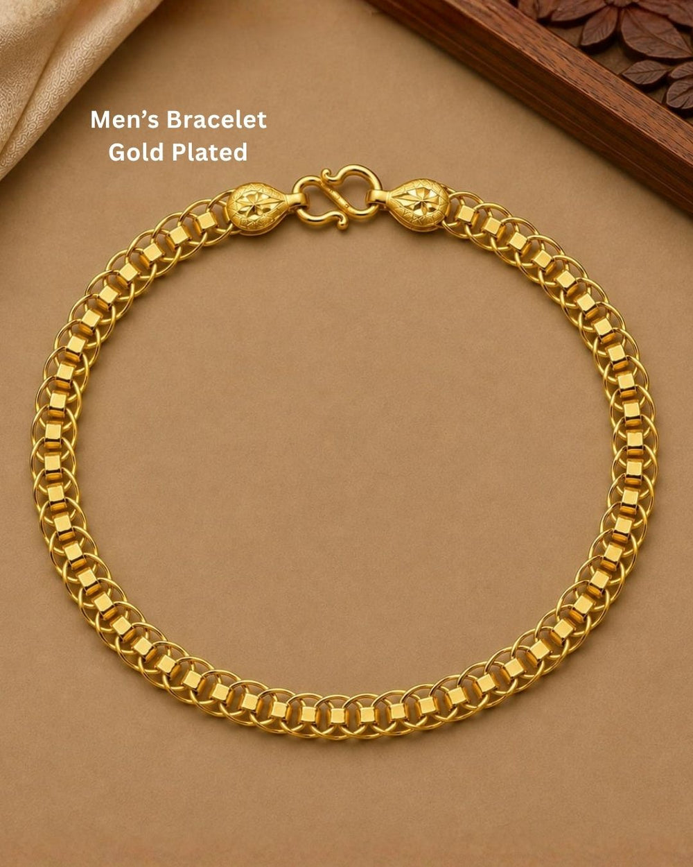 Premium gold plated bracelet featuring intricate interlocking links and elegant geometric detailing. Perfect for daily wear, festive occasions, traditional outfits, and gifting.