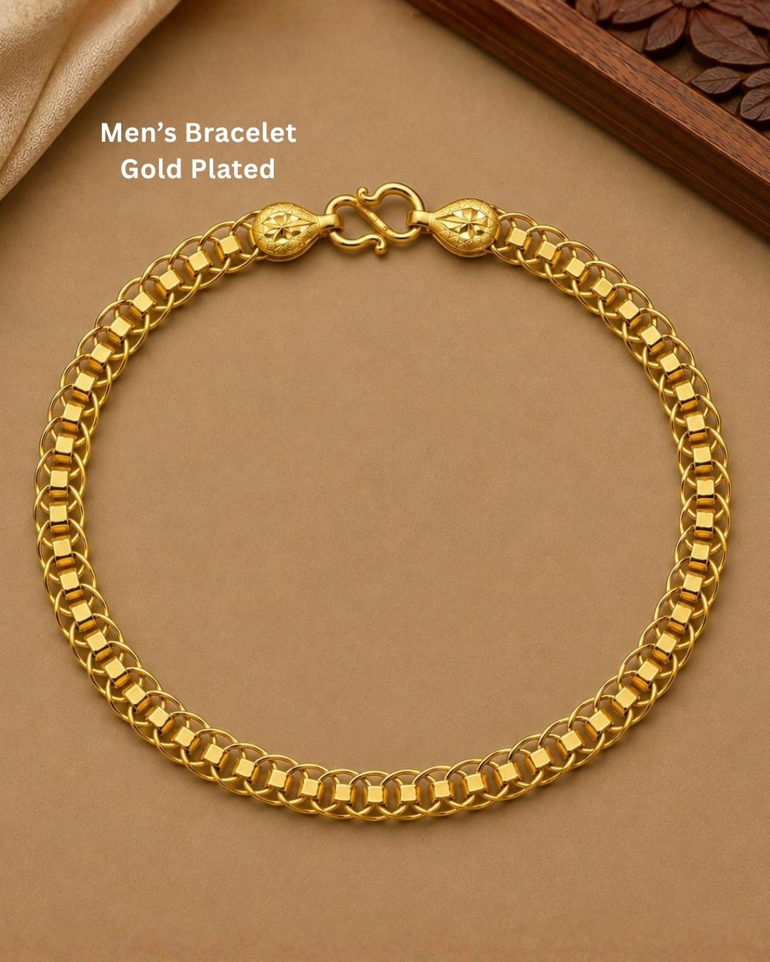 Premium gold plated bracelet featuring intricate interlocking links and elegant geometric detailing. Perfect for daily wear, festive occasions, traditional outfits, and gifting.