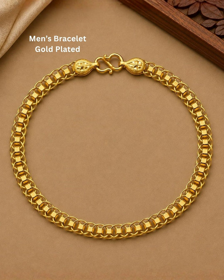 Premium gold plated bracelet featuring intricate interlocking links and elegant geometric detailing. Perfect for daily wear, festive occasions, traditional outfits, and gifting.