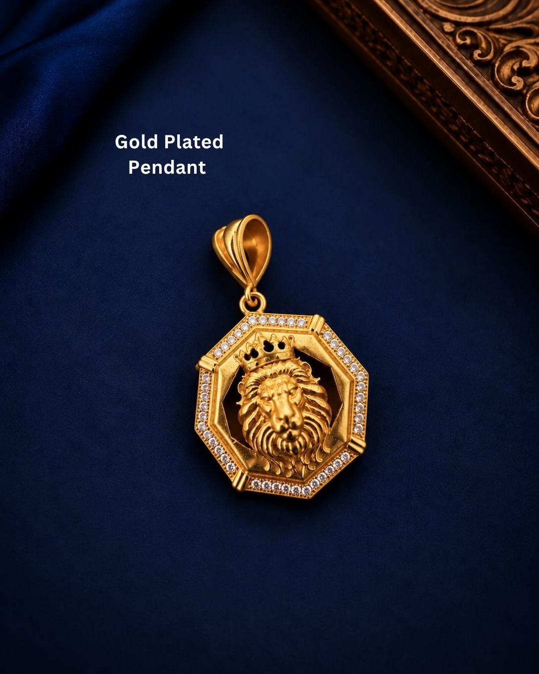 Bold gold plated lion pendant featuring an intricately detailed lion face, black center, octagonal gold frame, and sparkling stone border, perfect for men’s fashion, parties, festive occasions, and statement looks.