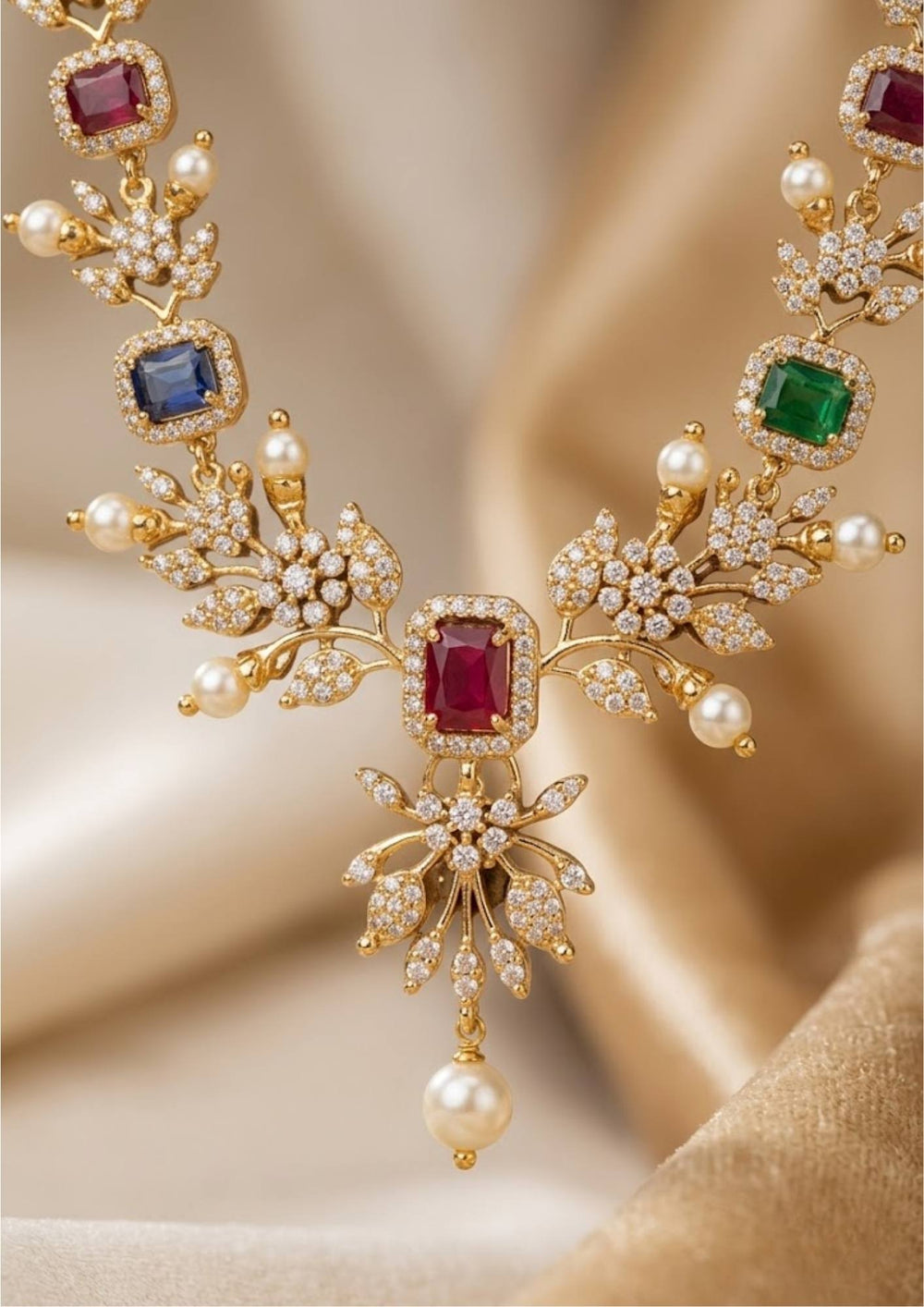 zircon diamond gold plated necklace shown in detailed way how pendent and model will be look very clear even Navaratna stones shows vey clear