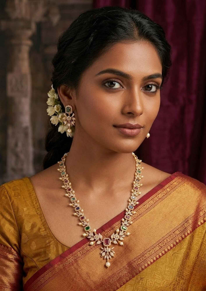 Navaratna diamond flower design on neck closeup south indian woman functional , festival , jewellery for sensitive skin
