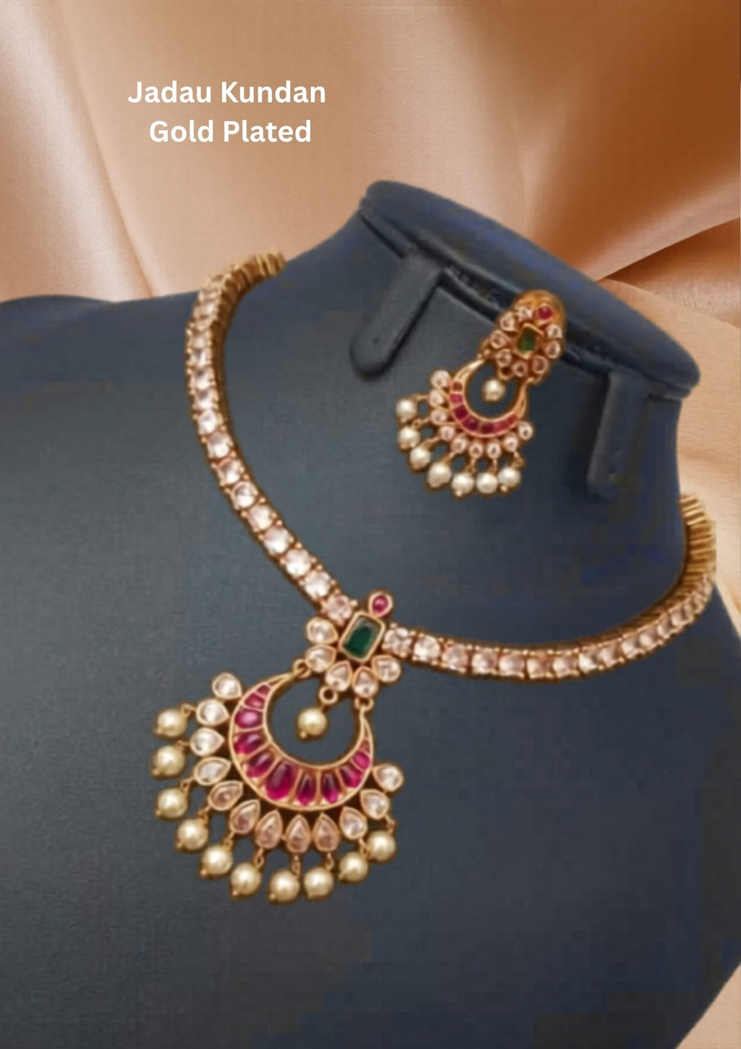 gold plated necklace set with earrings comes with design Chandbali  and also moon shape design with pearls looks very classy and stylish  