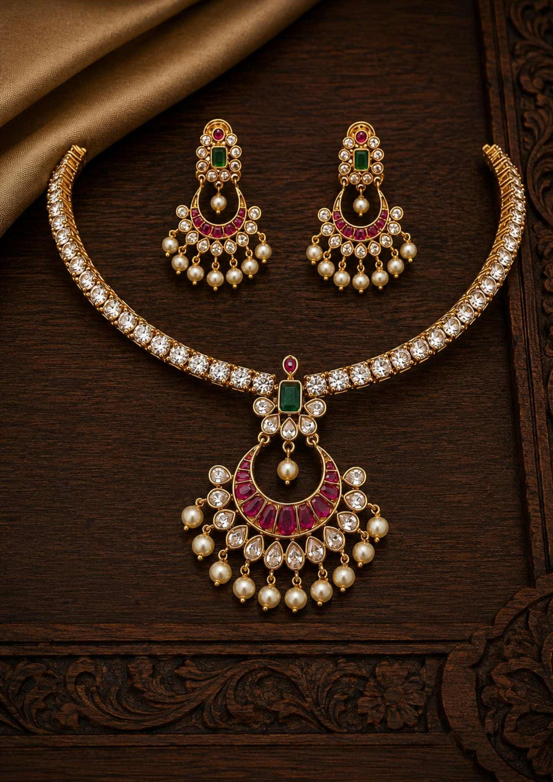 gold plated necklace set with earrings comes with design Chandbali  and also moon shape design with pearls looks very classy and stylish  