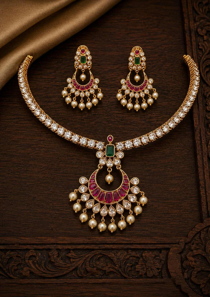 gold plated necklace set with earrings comes with design Chandbali  and also moon shape design with pearls looks very classy and stylish  