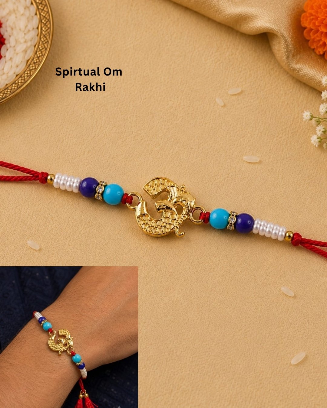 Premium spiritual Rakhi showcasing a gold finish Om Ganesha charm accented with blue beads, pearl beads, and a vibrant red thread.