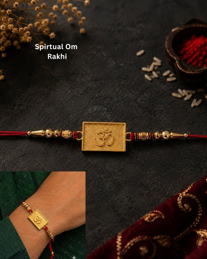 Premium spiritual Rakhi showcasing an embossed Om symbol centerpiece with gold bead detailing and traditional red thread.