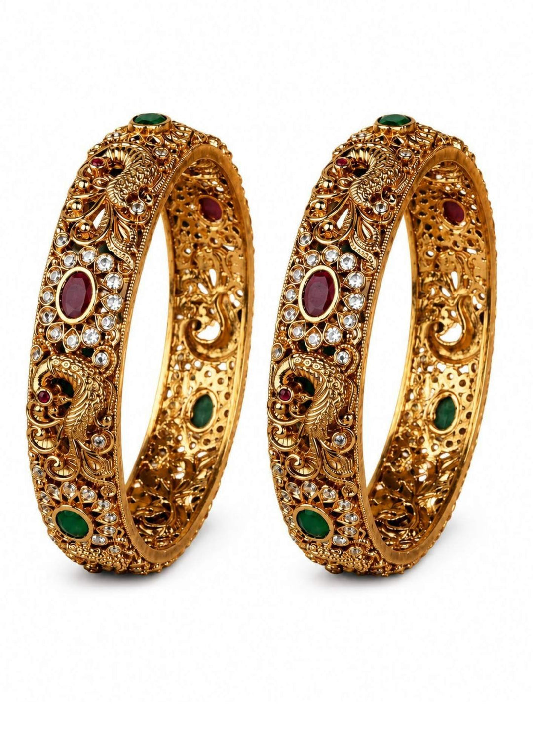 peacock desgin  gold plated bangles pair on white background intricate design for festive use and perfect for gifting