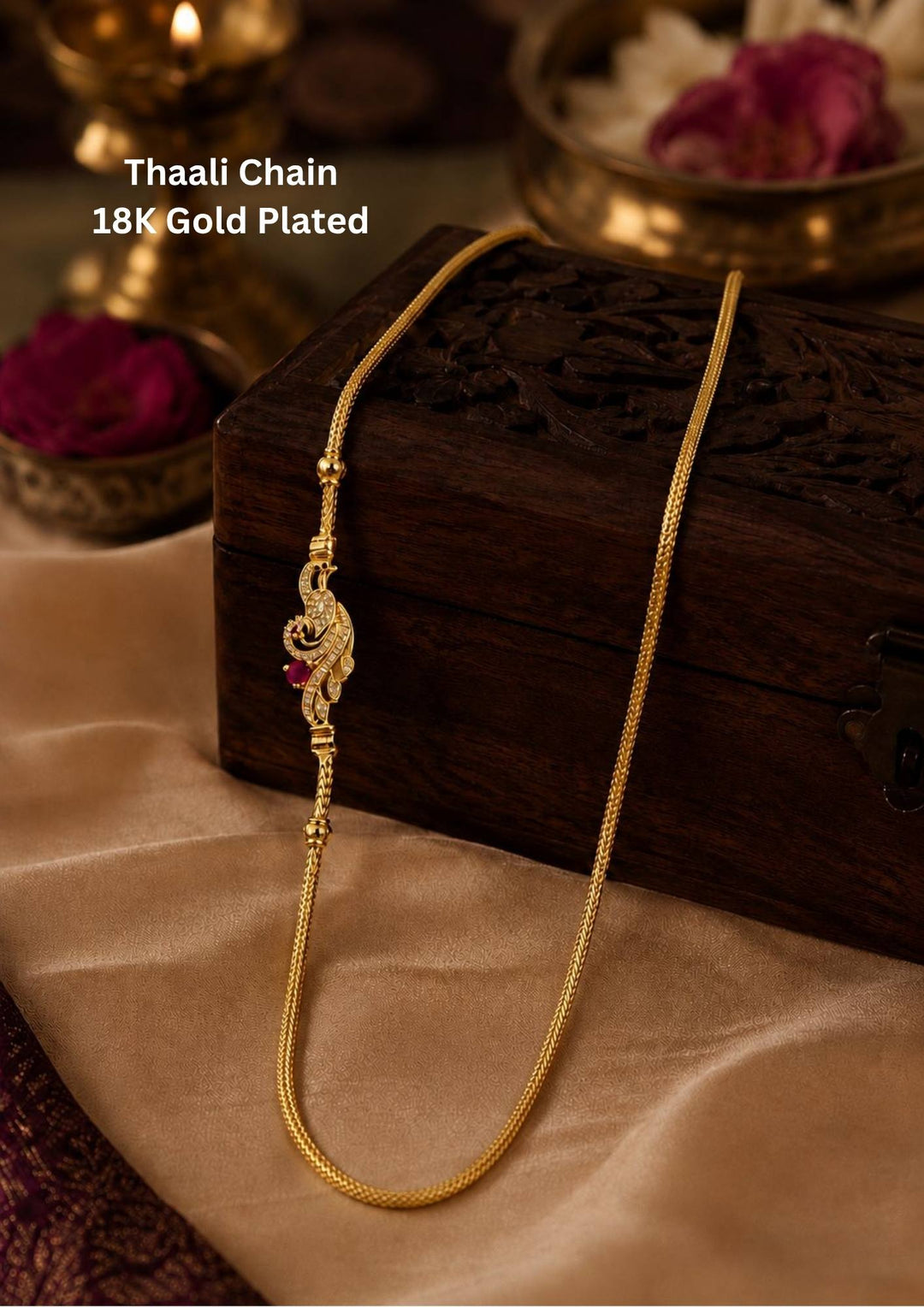 18K gold-plated thali chain comes with peacock design and ball shape and shown very clearly and it is tradition for Indian women and can use for dailyware , office ware and functional 