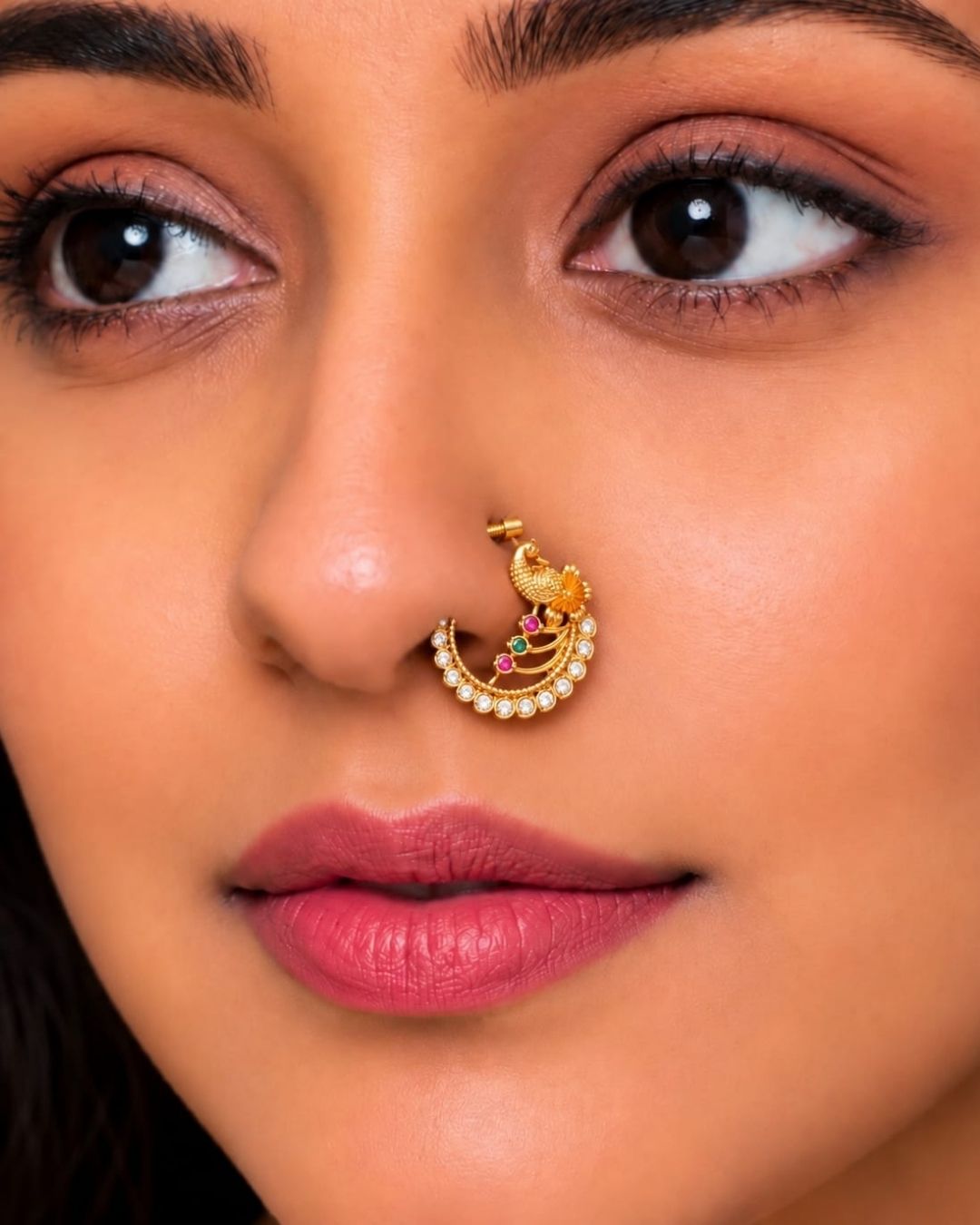 Traditional gold plated peacock-inspired nose pin with white CZ stones and pink and green accents, featuring a screw-back design.