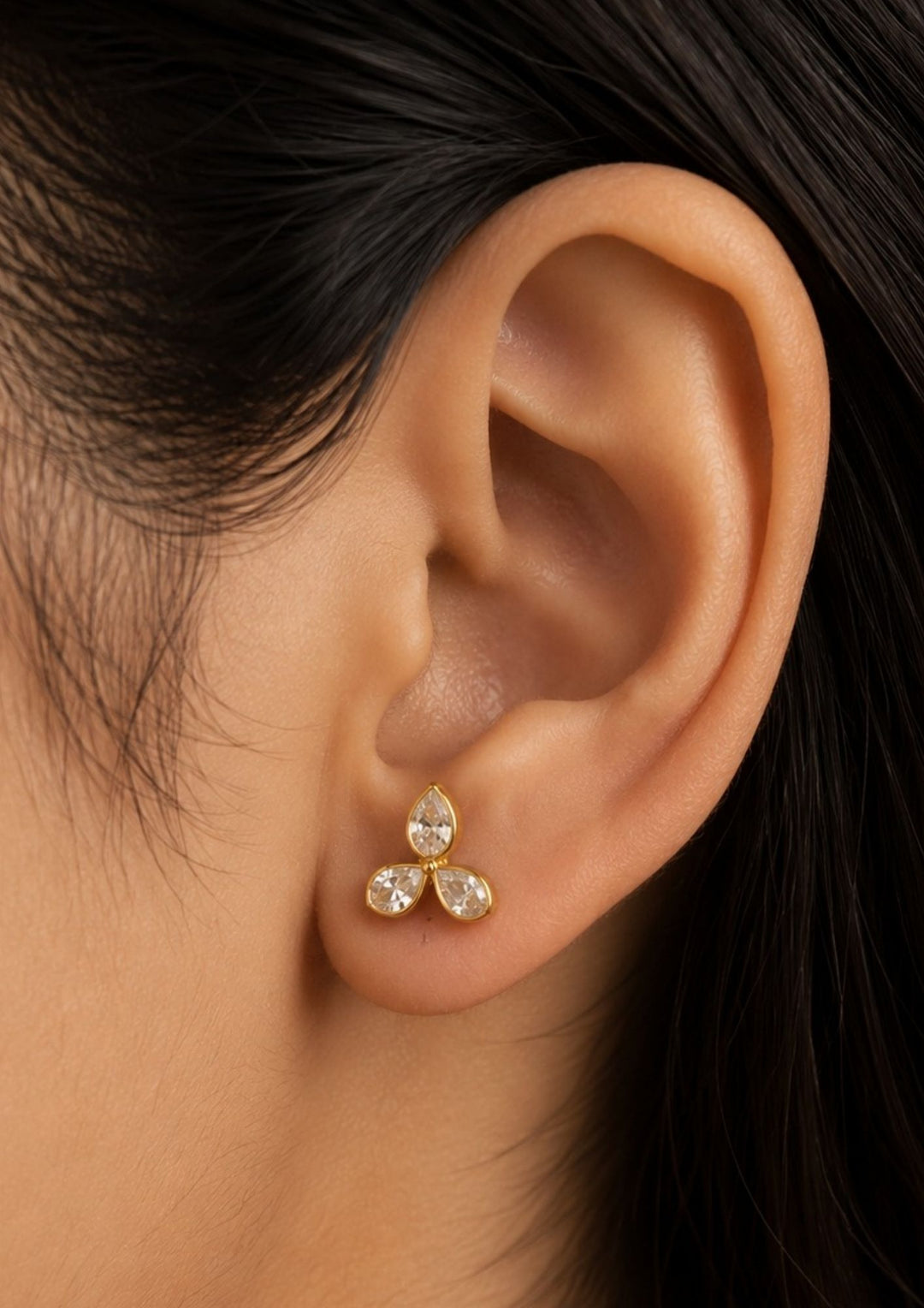 Close up view of South indian women wearing Gold Plated Pearl Drop (Detachable 2 in 1) Earrings designed with zircon stone and pearl drop hangings it comes with  earrings. one is stud and another is stud and hangings earring perfect for weddings, functions, puja, festivals and it comes with anti tarnish.