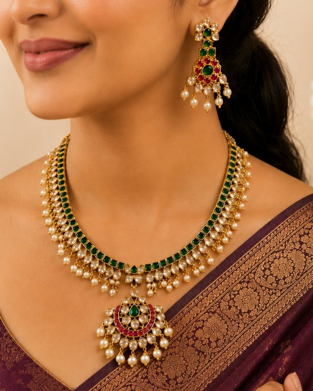 A south indian woman wearing an ornate gold-toned traditional jewelry set with deep red stones, including a necklace, matching earrings, and a forehead ornament, paired with a navy blue embroidered saree.