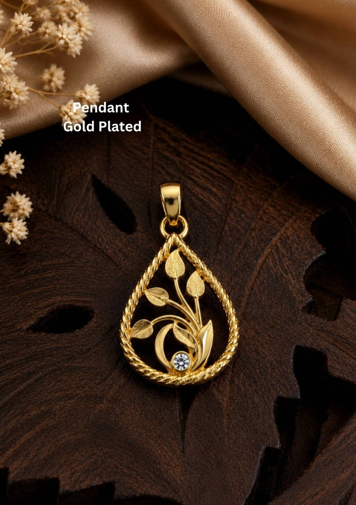 Elegant Zircon Diamond Gold Plated necklace set featuring sparkling zircon stones, a floral pendant with pearl drops, and matching earrings. Lightweight premium jewellery perfect for weddings, festive occasions, parties, traditional wear, and gifting.