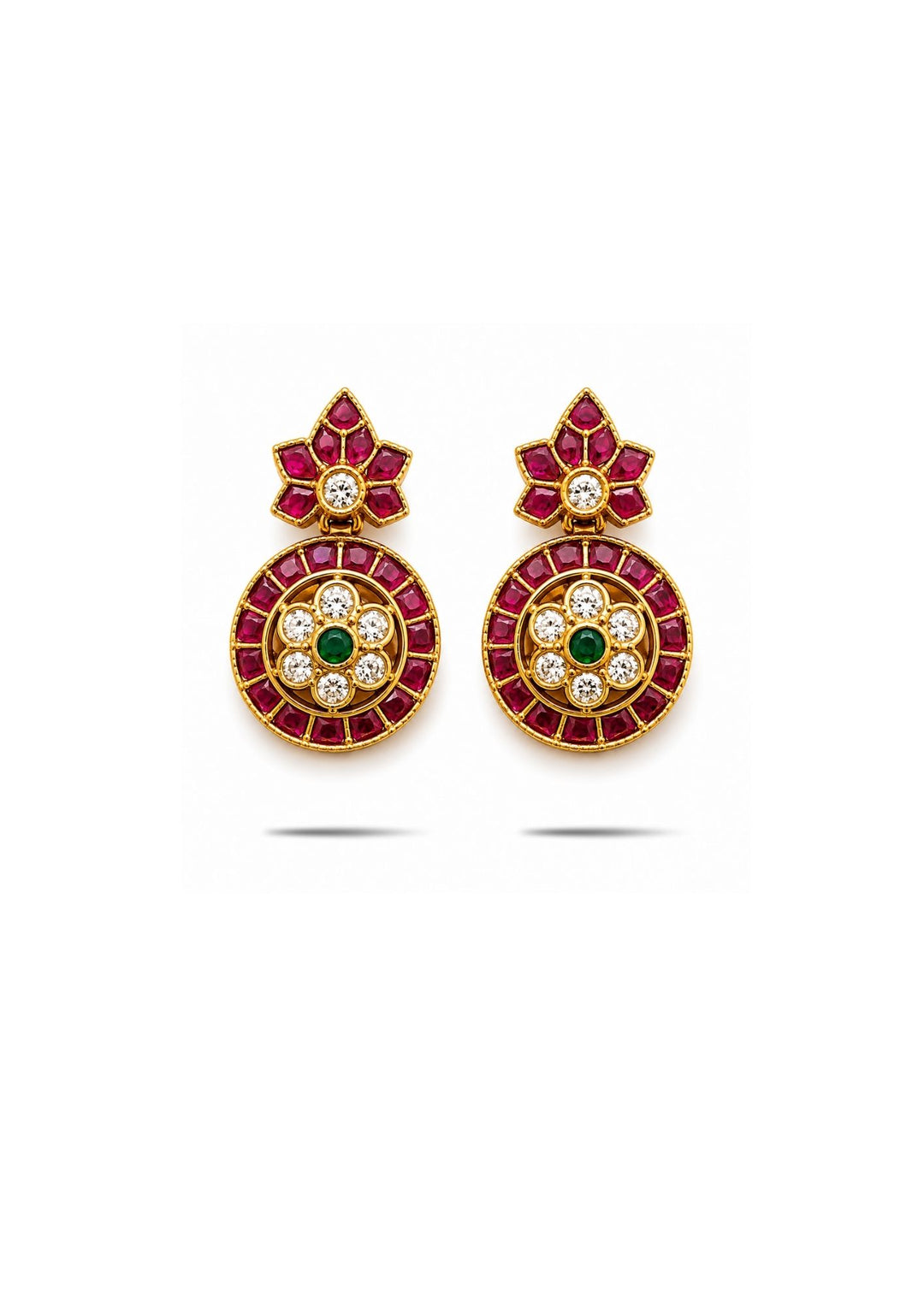 Pair of ornate earrings with gemstones which comes with real kemp and anti faded and also shown very details in picture how it look in white back ground can be used for weedings and festivals 