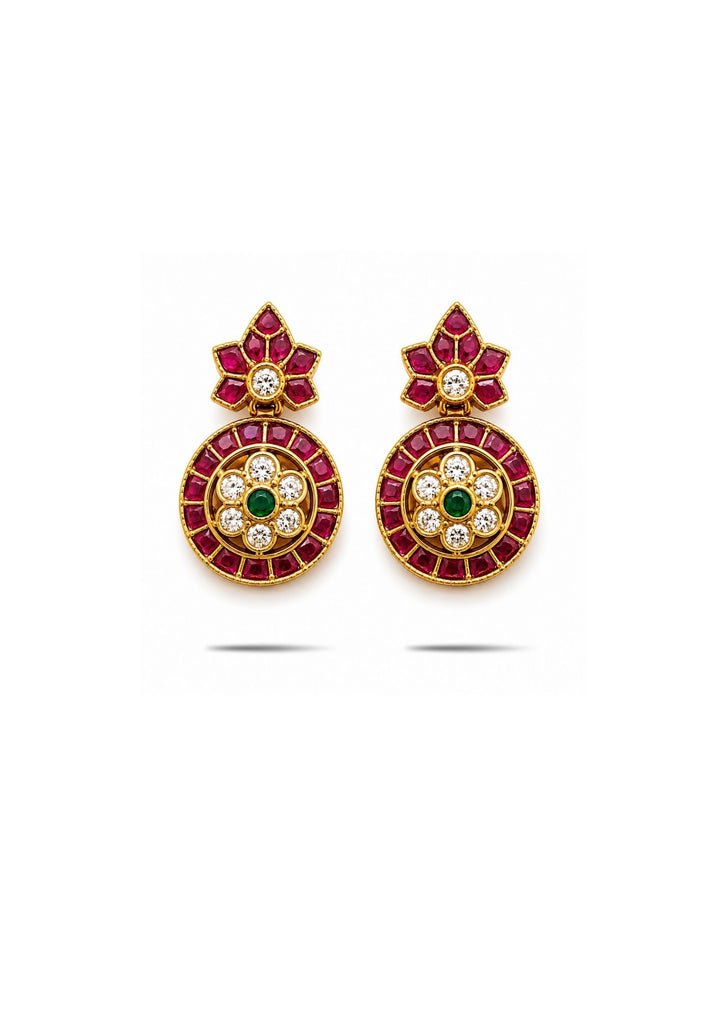 Pair of ornate earrings with gemstones which comes with real kemp and anti faded and also shown very details in picture how it look in white back ground can be used for weedings and festivals 