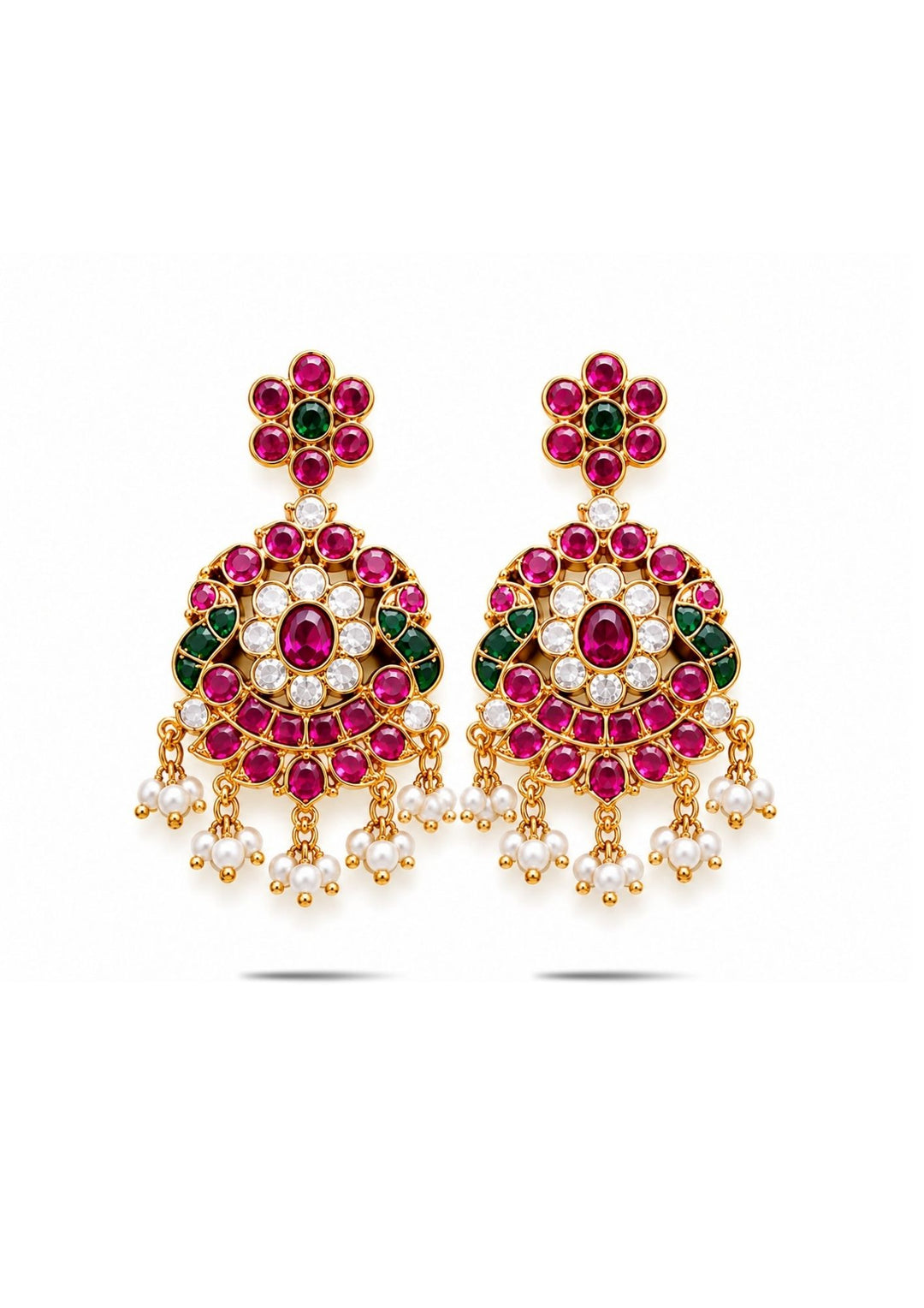 Jadau Kundan Gold Plated  matching hanging earrings are designed with red ruby, emerald green, and clearly shown in white background and white Kundan stones, finished with delicate white pearl guttapusallu upto the bottom borders. perfect for a rich, bridal-style look perfect for weddings, festivals, functions and grand look