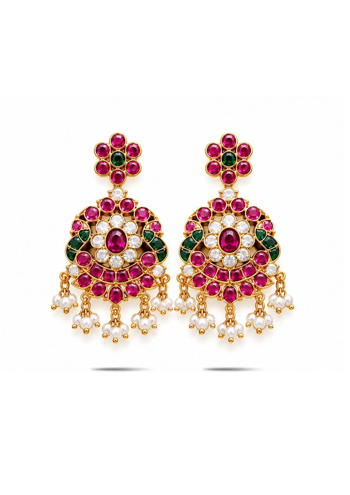Jadau Kundan Gold Plated  matching hanging earrings are designed with red ruby, emerald green, and clearly shown in white background and white Kundan stones, finished with delicate white pearl guttapusallu upto the bottom borders. perfect for a rich, bridal-style look perfect for weddings, festivals, functions and grand look