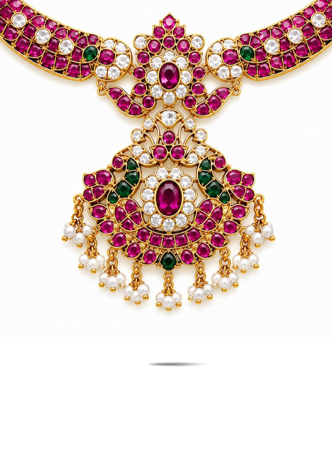 Jadau Kundan Gold Plated choker necklace and matching hanging earrings are designed with red ruby, emerald green, and clearly shown in white background and white Kundan stones, finished with delicate white pearl guttapusallu upto the bottom borders. perfect for a rich, bridal-style look perfect for weddings, festivals, functions and grand look