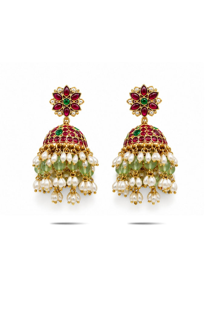 Gold earrings with green and red gemstones on a white background come with beads and shown very clearly how earrings look and anti fade and skin safe and can use foe weeding's and festivals 