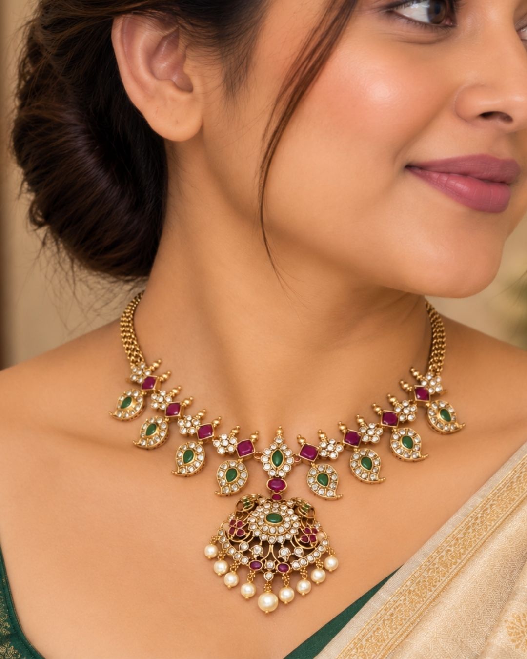 Traditional brass base 18K gold plated necklace set featuring detailed gold motifs, emerald and ruby stones, zircon embellishments, a statement pendant, pearl drops, and matching earrings.