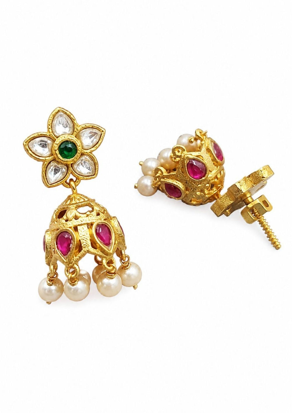 Gold plated jhumkas with gemstones and pearls on a white background looking very traditional and intricate design for daily ware , festive use and perfect for gifting

