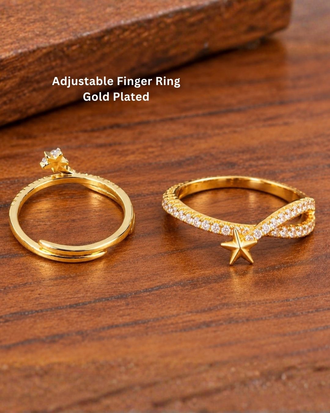 Stylish gold plated adjustable ring featuring a beautiful star motif, sparkling zircon stones, and a polished finish, perfect for everyday and festive wear.