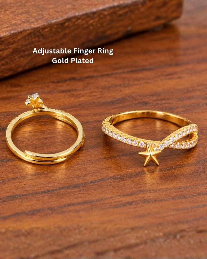Stylish gold plated adjustable ring featuring a beautiful star motif, sparkling zircon stones, and a polished finish, perfect for everyday and festive wear.