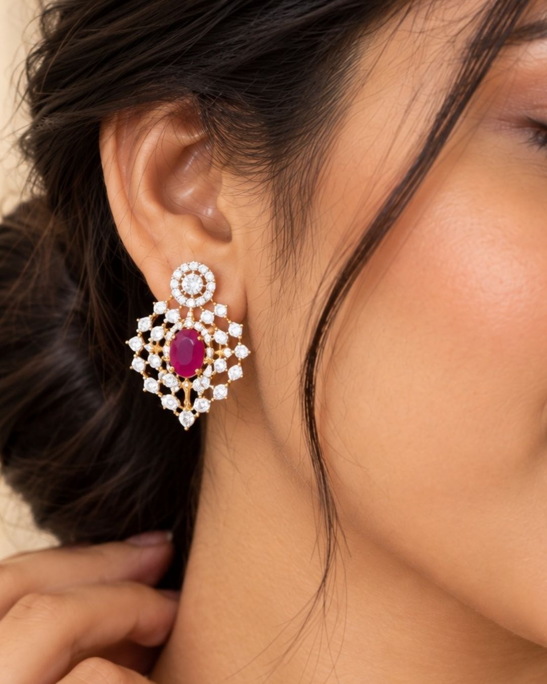 Designer gold plated necklace set featuring a layered chain, intricate zircon detailing, pink gemstone accents, and matching earrings, perfect for festive and traditional wear.