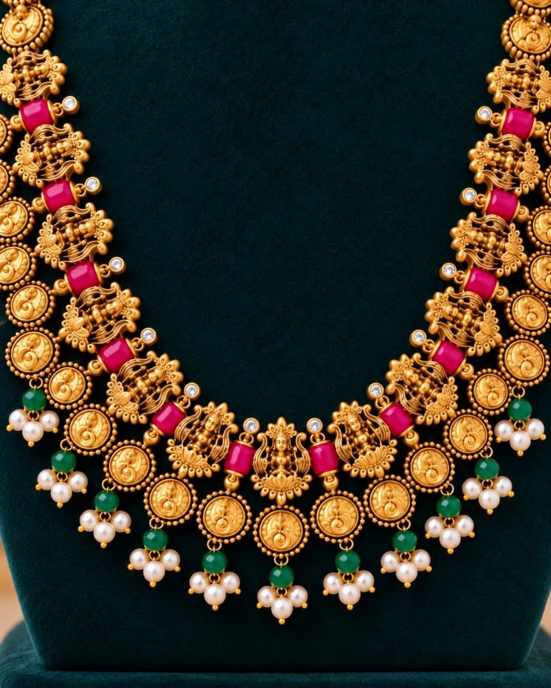 Elegant gold plated Lakshmi coin haram with detailed temple motifs, green beads, pearl drops, and matching Lakshmi earrings displayed on a teal jewellery bust.