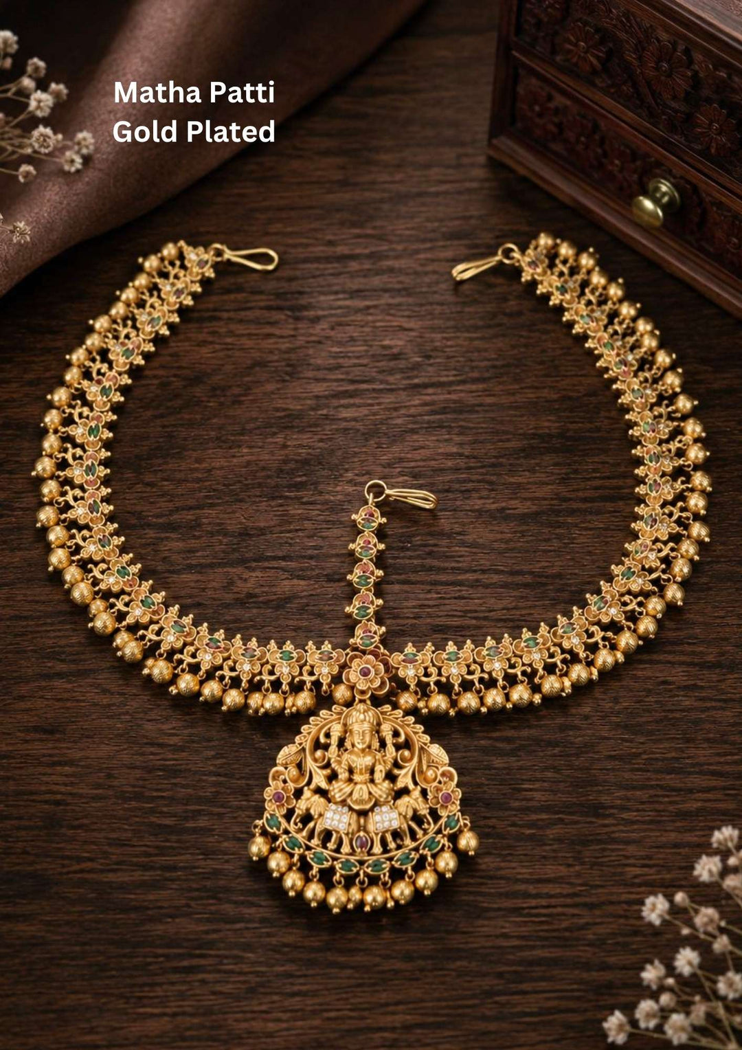 Shop premium Kundan Gold Plated Temple Lakshmi Devi Matha Patti at Zevana. Lightweight, Anti-Tarnish, Perfect for dailywear, weddings & festivals. Pan-India delivery available.
