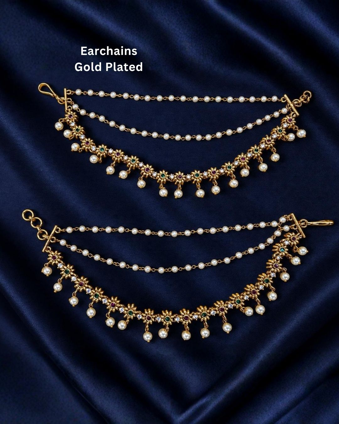 Beautiful gold plated Champaswaralu featuring floral motifs with green and red stone accents and multiple pearl drops. Perfect for traditional outfits, festive occasions, temple events, and special celebrations.
