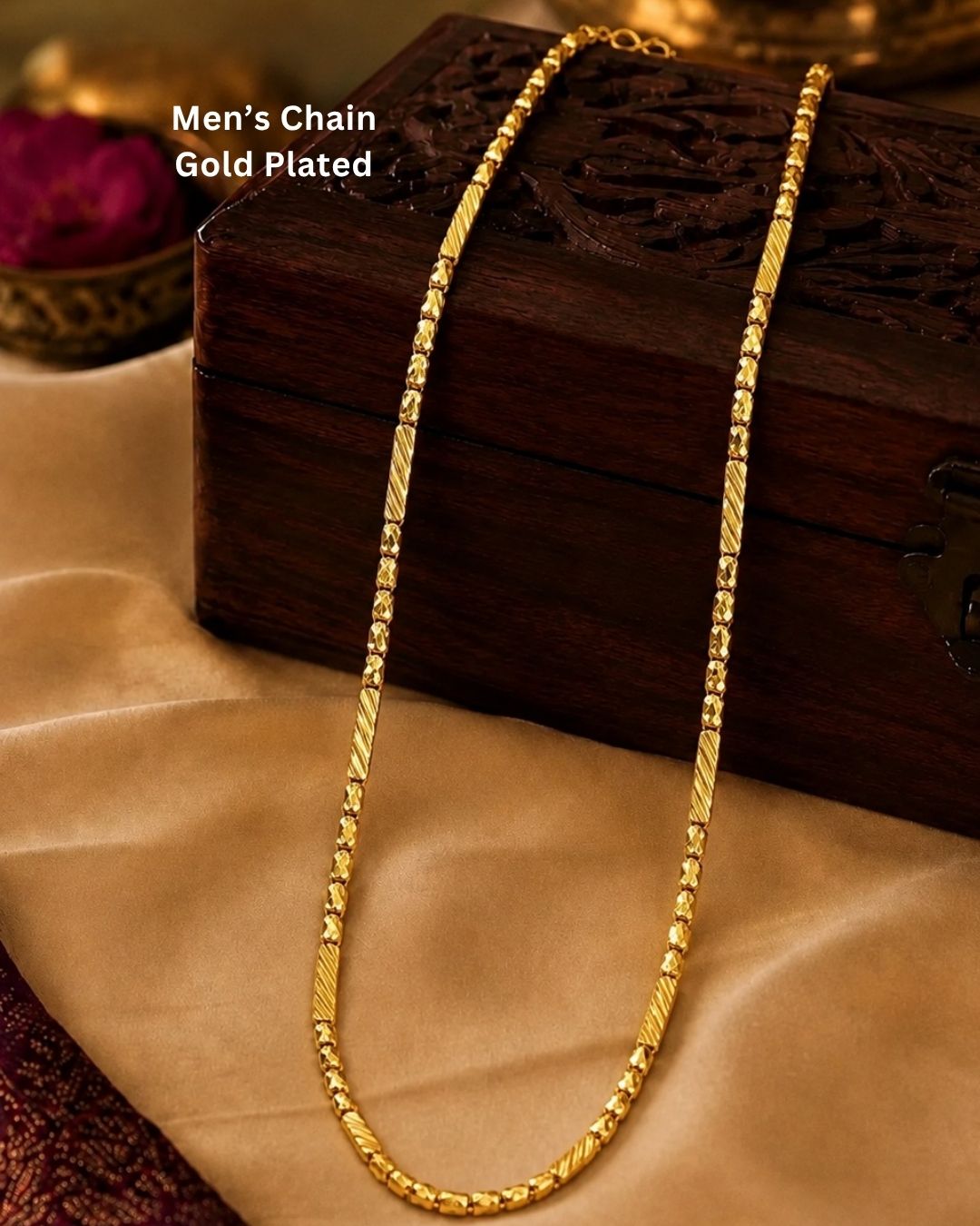 Beautiful gold plated long chain featuring intricate beaded detailing and textured elongated links arranged in a stylish repeating pattern. Perfect for traditional wear, festive occasions, daily wear, and gifting.