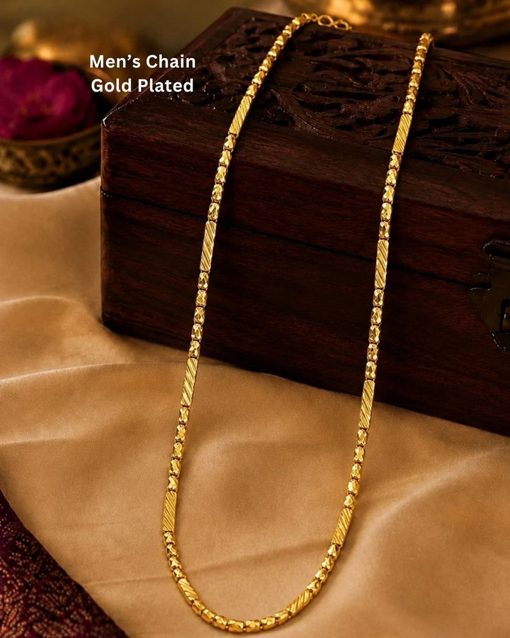 Beautiful gold plated long chain featuring intricate beaded detailing and textured elongated links arranged in a stylish repeating pattern. Perfect for traditional wear, festive occasions, daily wear, and gifting.