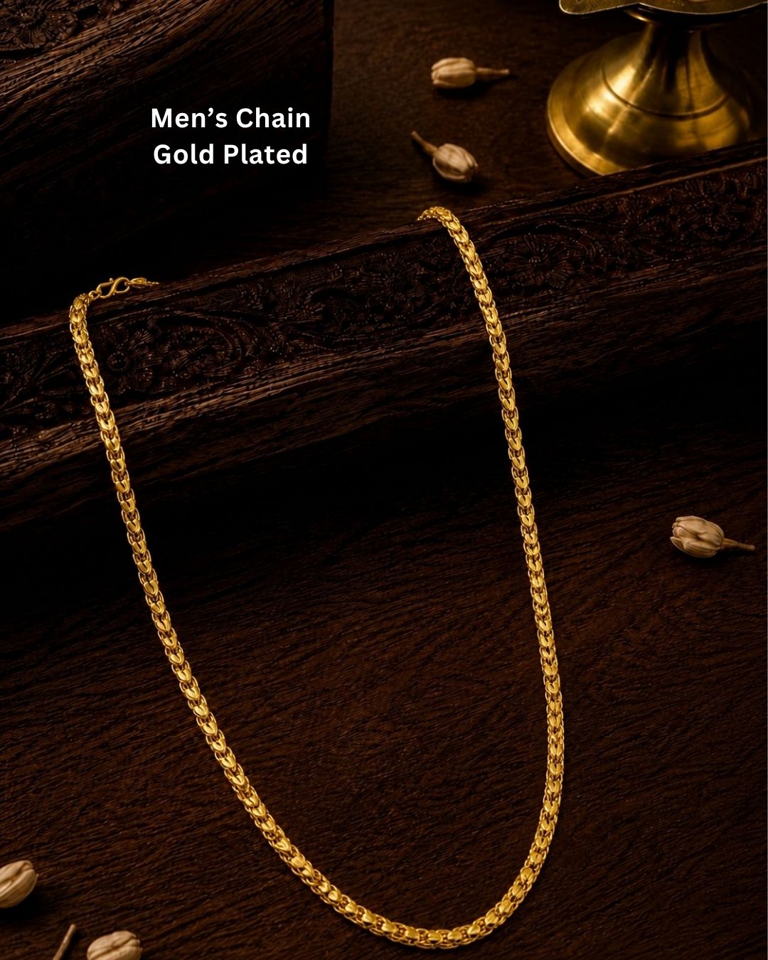 Beautiful gold plated long chain featuring intricate leaf-inspired links and a refined woven design. Perfect for traditional wear, festive occasions, daily wear, layering, and gifting.