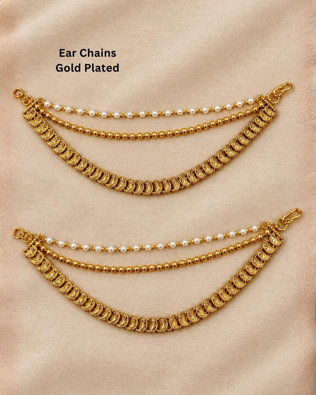 Gold plated traditional ear chains featuring pearl beads, gold ball chains, and intricately detailed antique gold links.