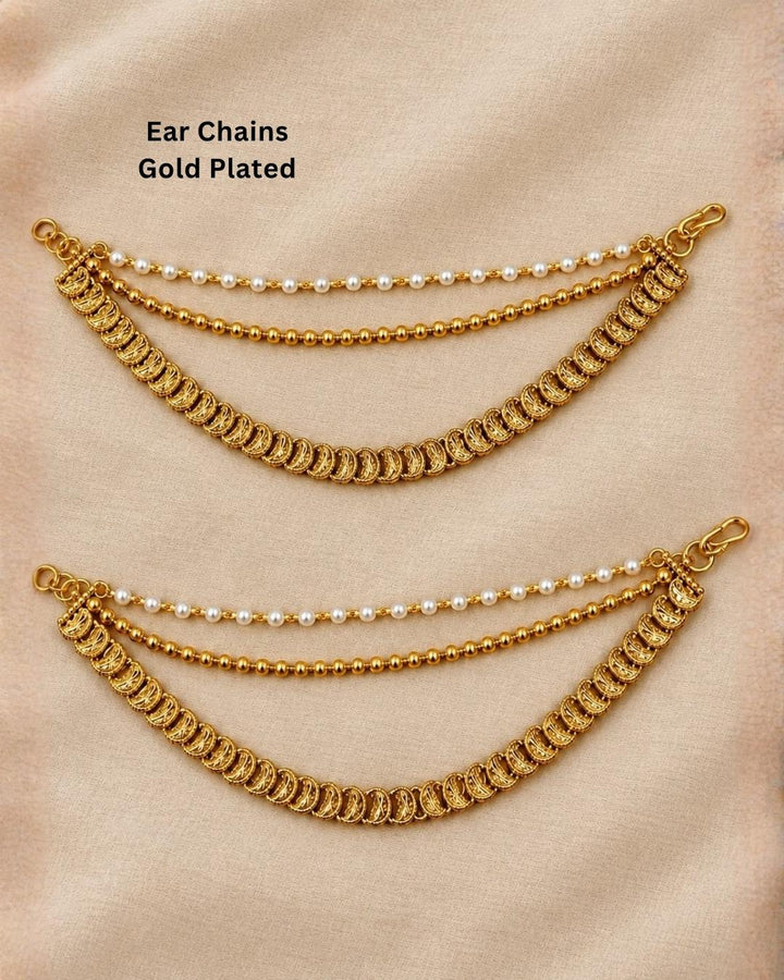 Gold plated traditional ear chains featuring pearl beads, gold ball chains, and intricately detailed antique gold links.