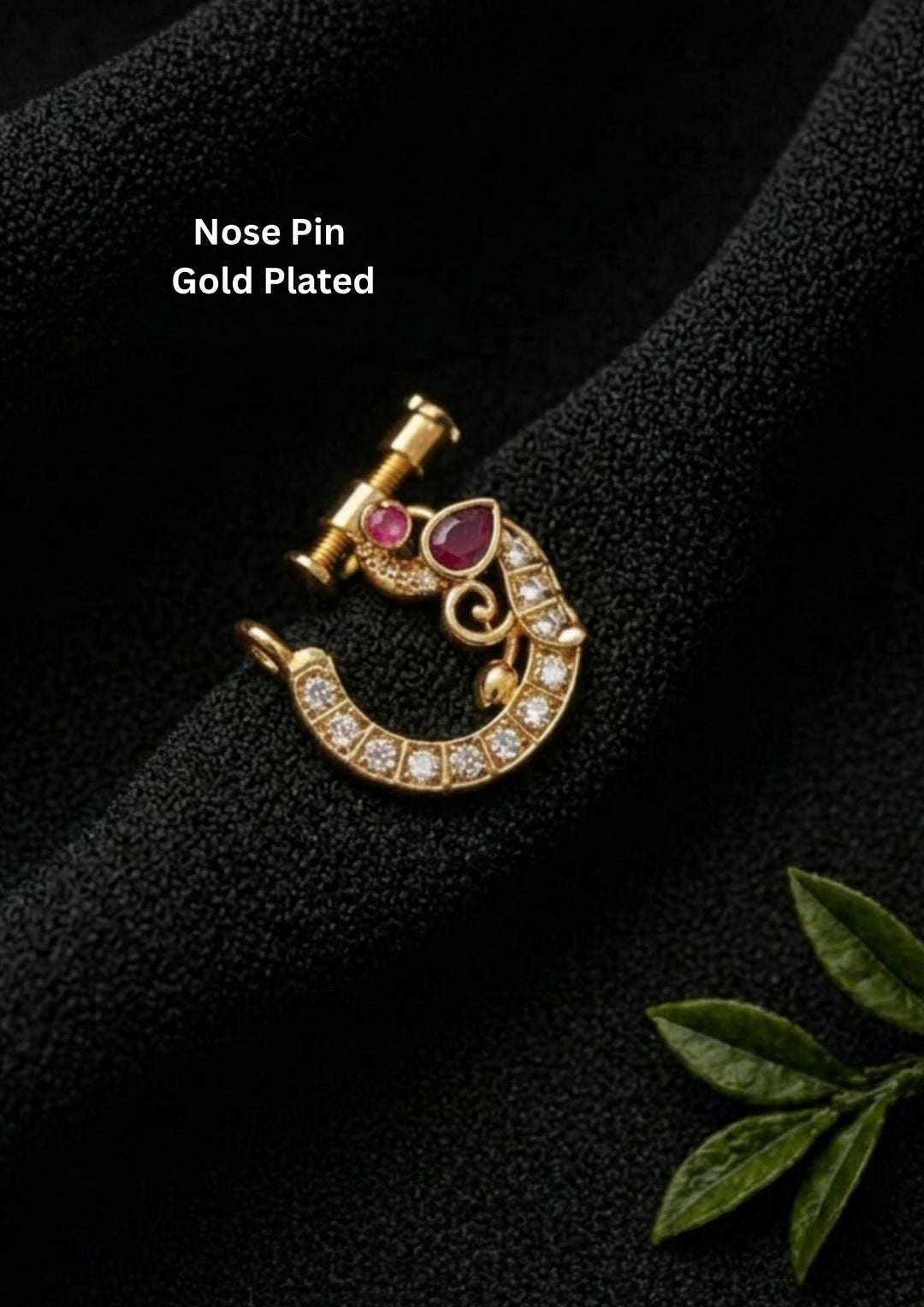 Gold-plated nose pin with gemstones show very clearly how it look and nose pins are indian traditions to women can be used for weeding's , bridals and festivals and anti faded sweat proof 