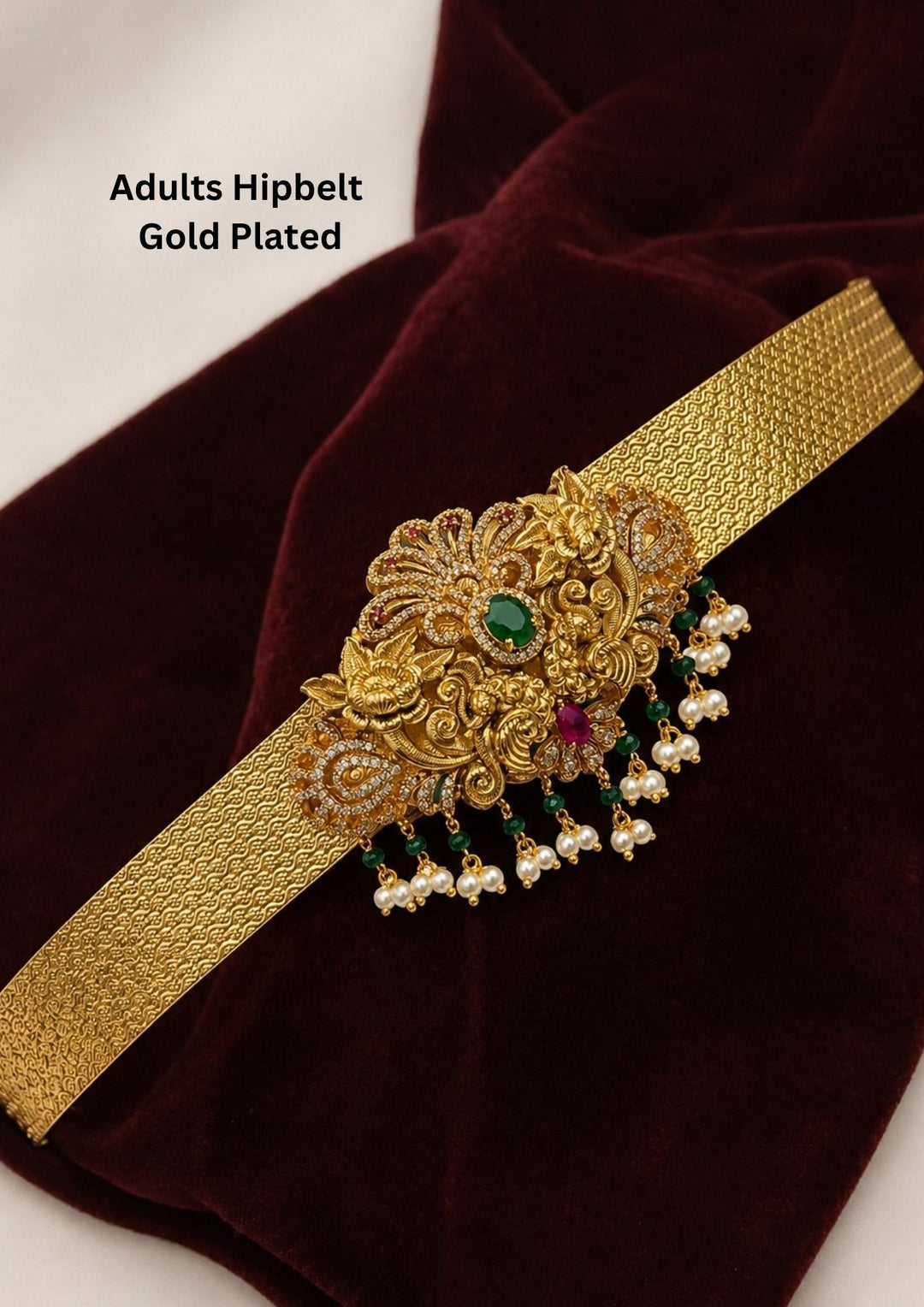 Gold Plated Twin Peacock adults hipbelt designed with pearl drops and lotus with emerald in center perfect for weddings, bidal wear, function and it is anti tarnish