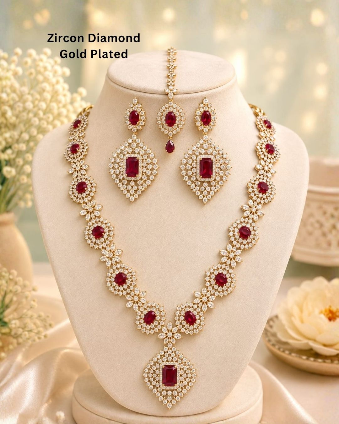 Premium gold plated CZ diamond necklace set adorned with ruby-colored stones, floral zircon detailing, matching earrings, and a maang tikka in a luxurious display.