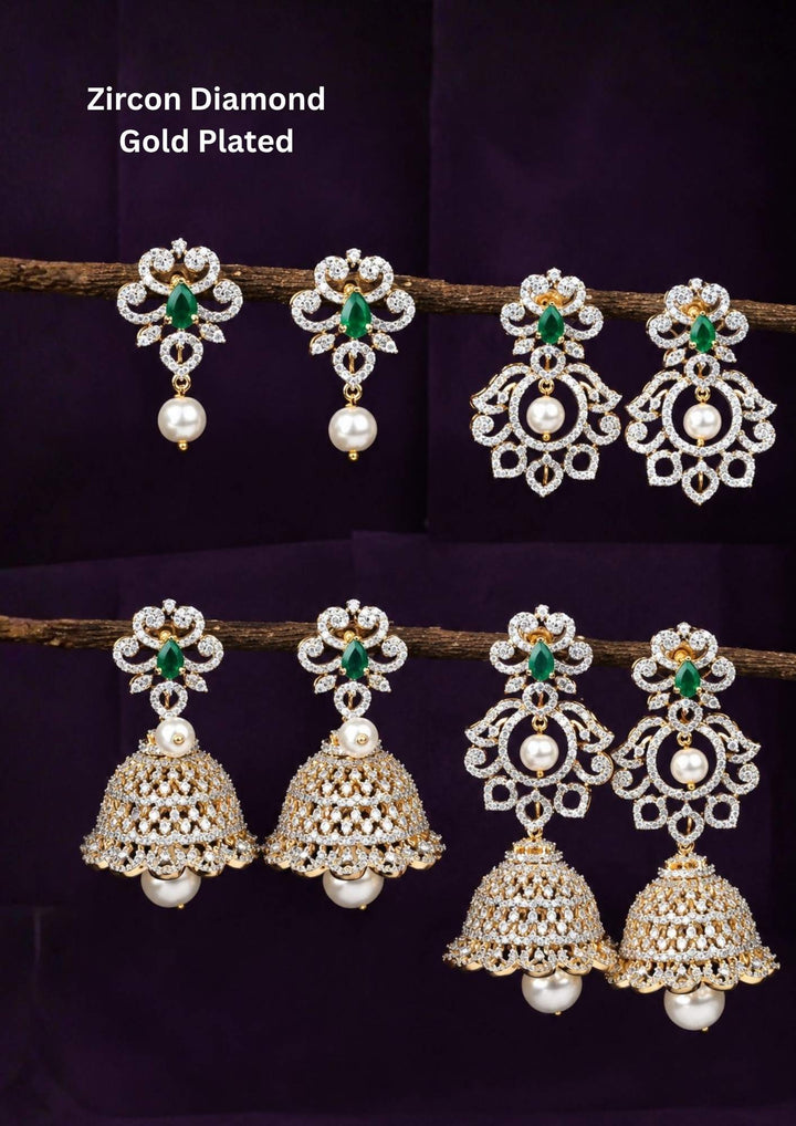 zircon diamond gold plated 4 in 1 green jhumkas and can be used like 4 ways and for all the parties cane used this are anti faded and skin safe and can be used for parties , festivals and weeding's 