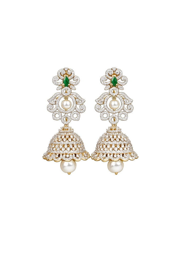zircon diamond gold plated 4 in 1 green jhumkas in white back ground and can be used like 4 ways and for all the parties cane used this are anti faded and skin safe and can be used for parties , festivals and weeding's 