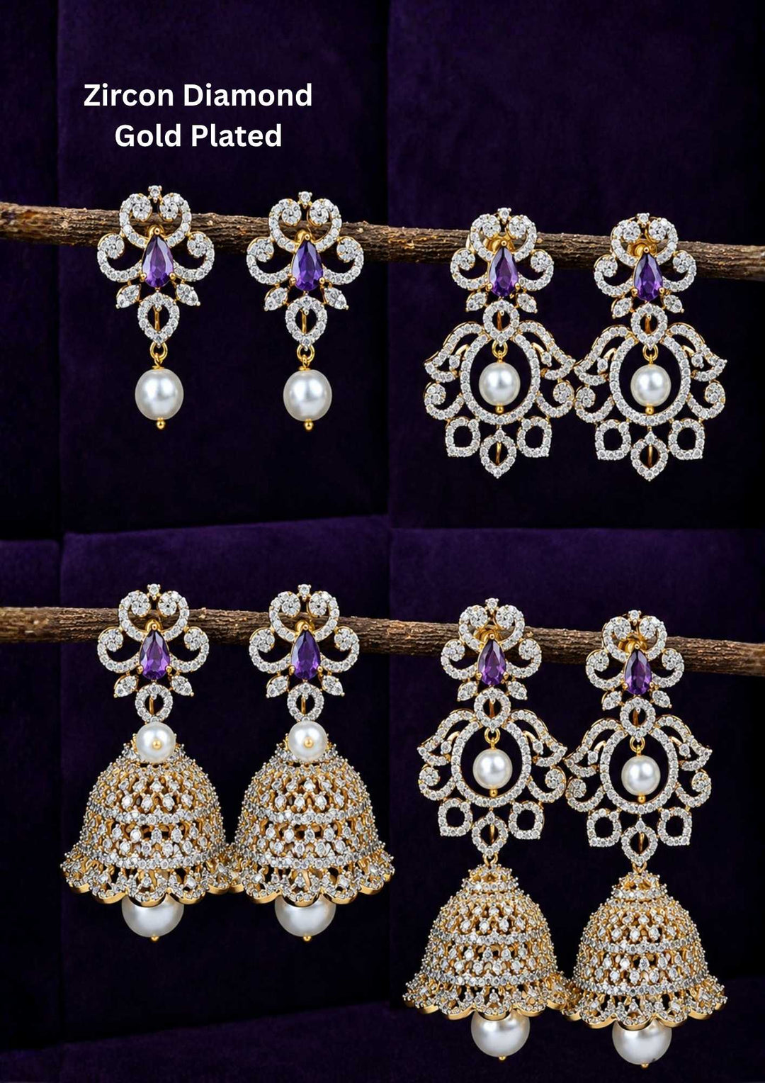 zircon diamond gold plated 4 in 1 purple jhumkas and can be used like 4 ways and for all the parties cane used this are anti faded and skin safe and can be used for parties , festivals and weeding's 