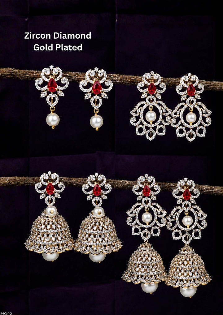 zircon diamond gold plated 4 in 1 red jhumkas and can be used like 4 ways and for all the parties cane used this are anti faded and skin safe and can be used for parties , festivals and weeding's 