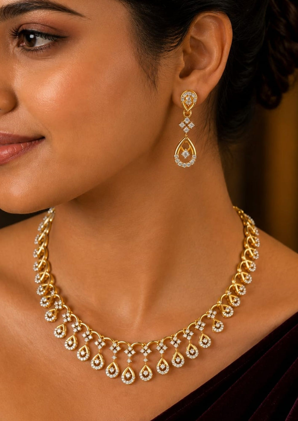 South indian women's Beautiful gold plated zircon diamond necklace set designed with shimmering floral and teardrop patterns, paired with matching earrings for festive, wedding, party, and gifting occasions.