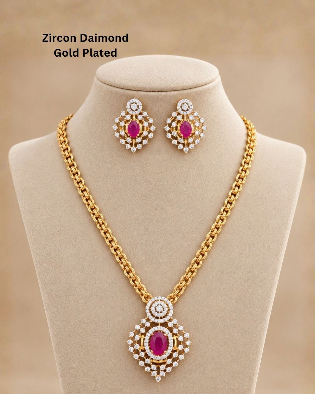 Designer gold plated necklace set featuring a layered chain, intricate zircon detailing, pink gemstone accents, and matching earrings, perfect for festive and traditional wear.