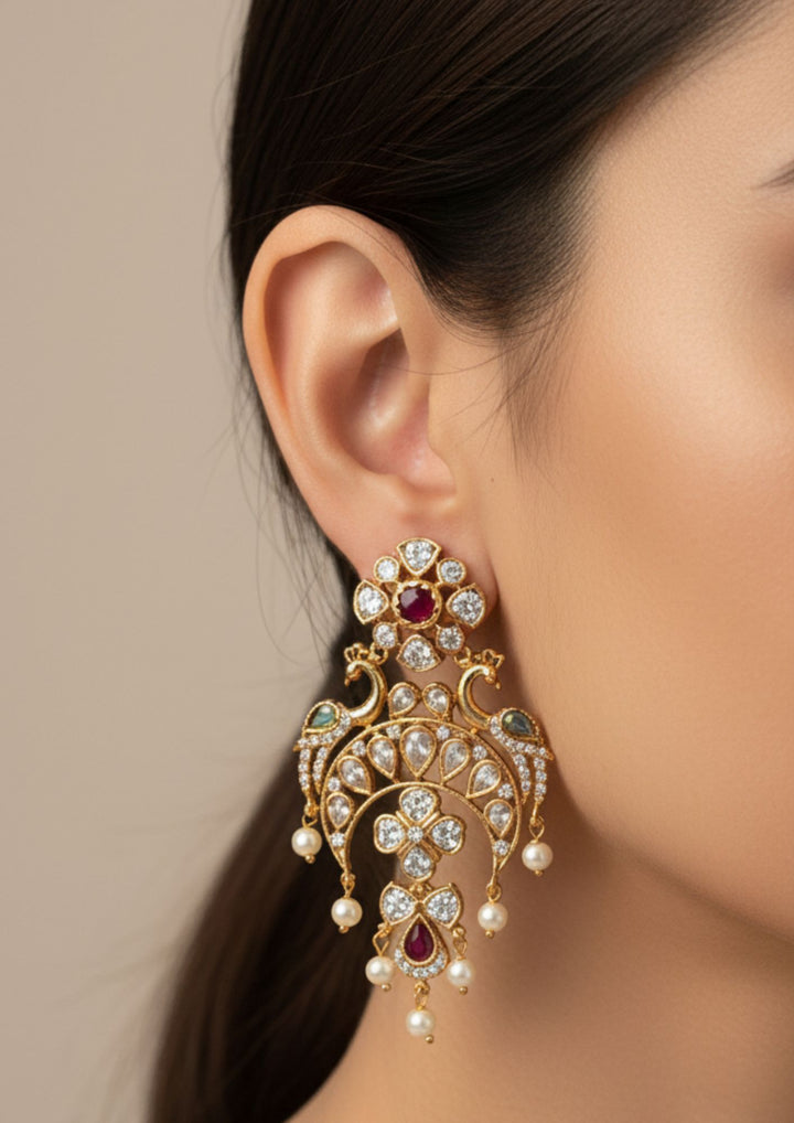 Diamond earrings model pic south indian women wearing lightweight Gold Plated chandbali earrings 
