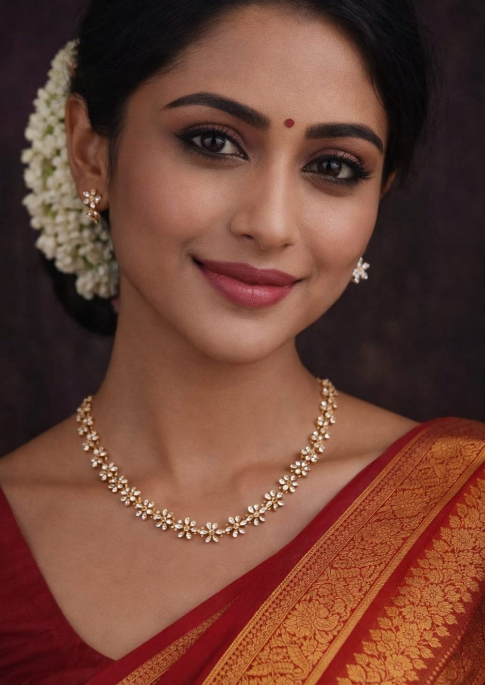 South Indian woman wearing Gold Plated Floral Necklace Set with floral zircon stone detailing and matching earrings that gives a modern elegant jewelry look. The necklace set shows sparkling stone with lightweight comfort, sweat proof finish, anti-fade colour, and is suitable for parties, festivals, functions, and wedding occasions.