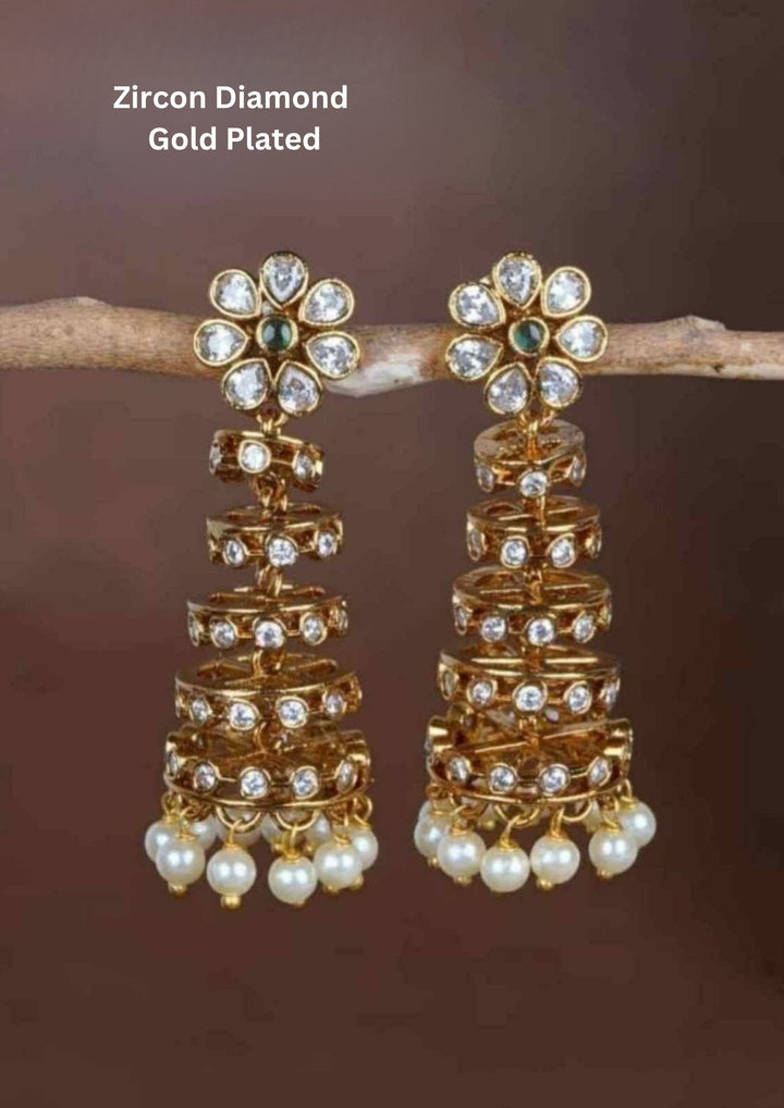 Zircon diamond Peral design gold plated spiral earrings waterproof, anti fade used for festival , weddings, and ideal for gifting. 