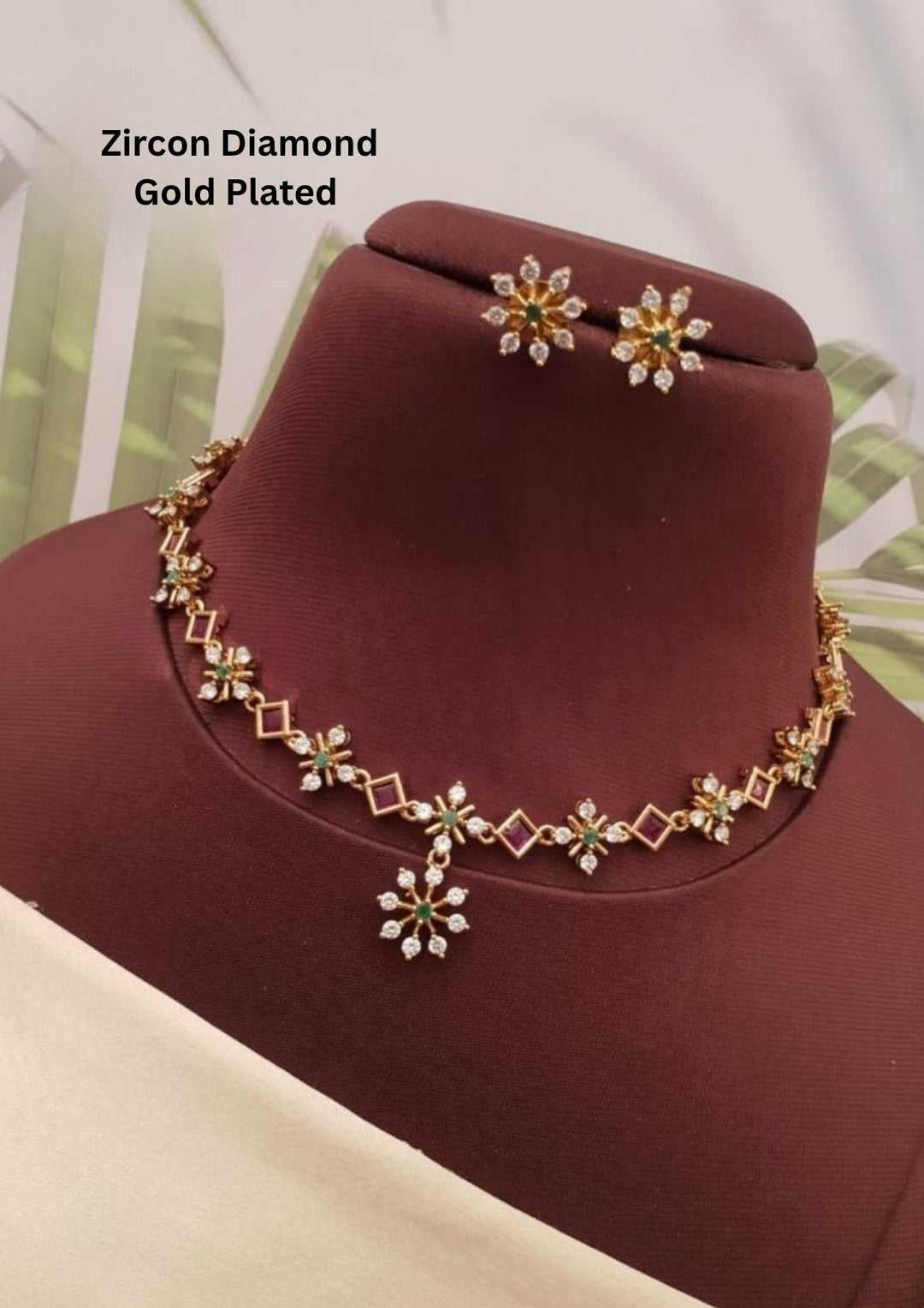 Gold-plated zircon diamond necklace and earrings Zircon diamond gold-plated necklace and earrings with classic model and shown very detailed in picture how it looks and do use for weeding's , festivals and can gift and kitty party's 