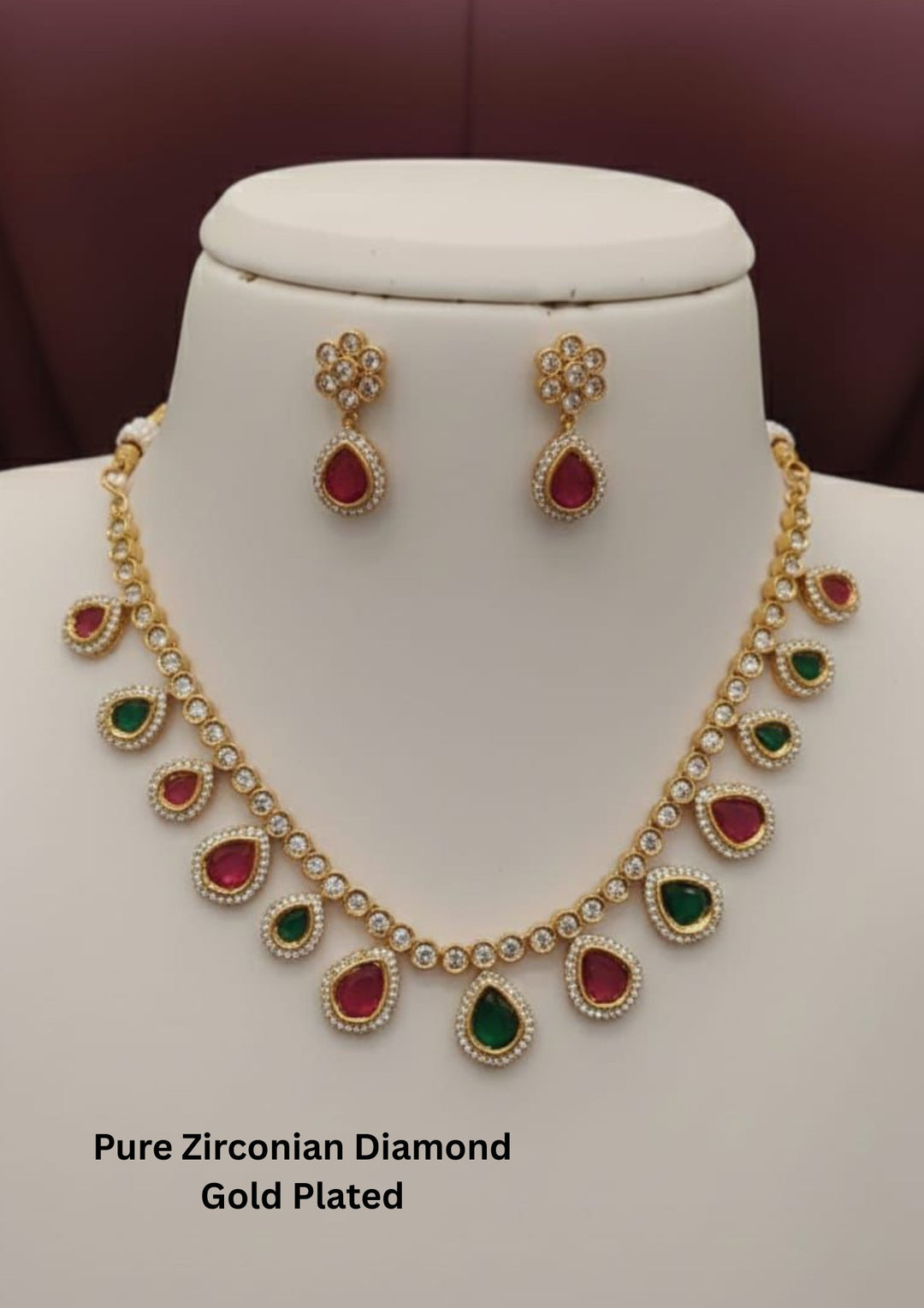 Pure zirconian diamond gold Plated panchaloham emerald and ruby Necklace sets